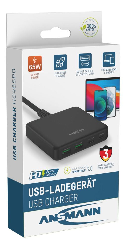 Ansmann DC465PD Netzteil – 65 W, 4× USB, PD, QC 3.0 – für Laptop, Smartphone