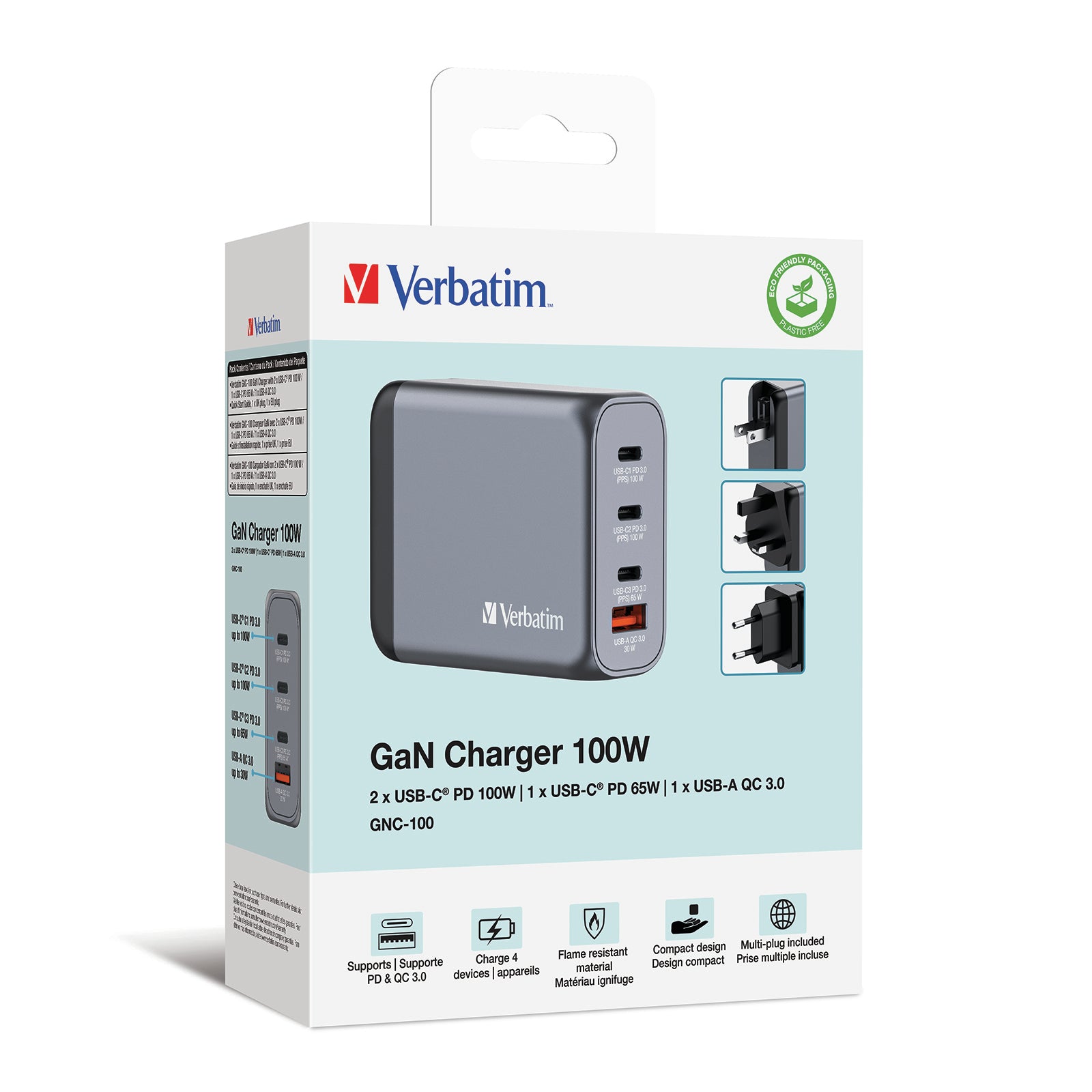 Verbatim Ladegerät (EU/UK/US) – 100 W, 3× USB-C + 1× USB-A, PD, PPS, QC, GaN