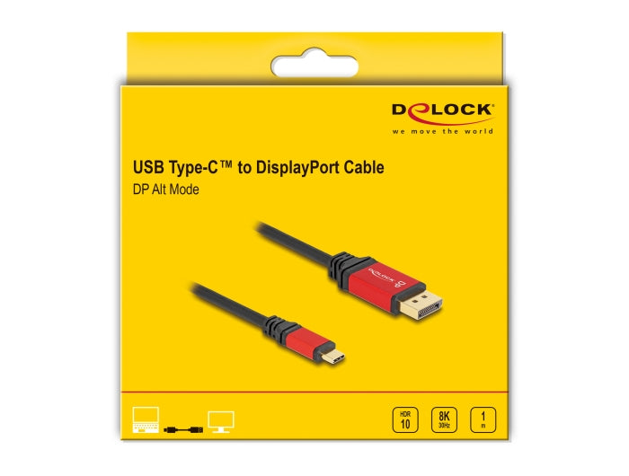DeLOCK USB-C auf DisplayPort Kabel DP 1.4 8K 30 Hz – 1 m – HDR – Schwarz/Rot
