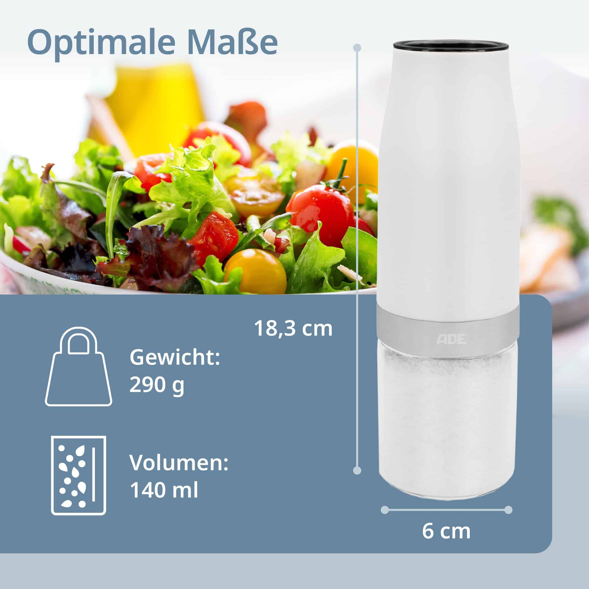 ADE Salz- und Pfeffermühle 18,3 cm, Glas/Kunststoff, Keramikmahlwerk, 2er-Set, Schwarz/Weiss