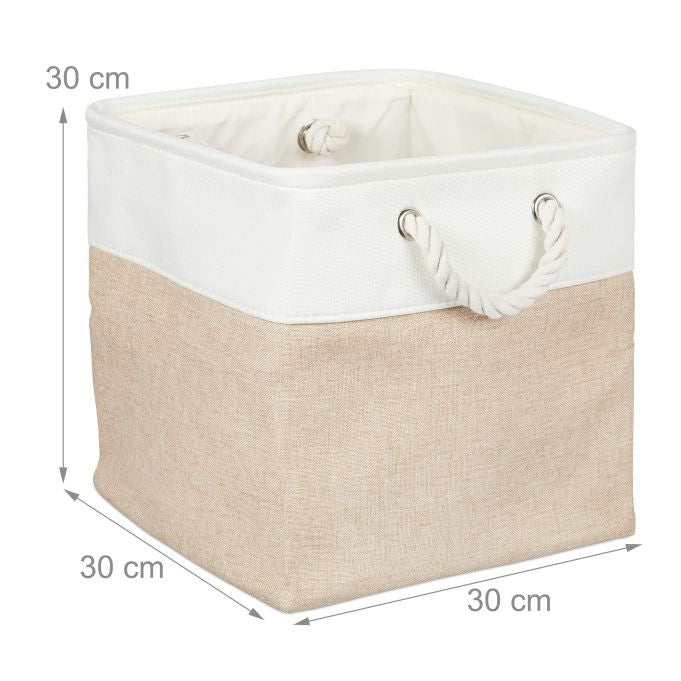 Relaxdays Aufbewahrungsbox ohne Deckel – Leinen – Beige/Weiss – 300 × 300 × 300 mm – mit Griffen – 4 Stück