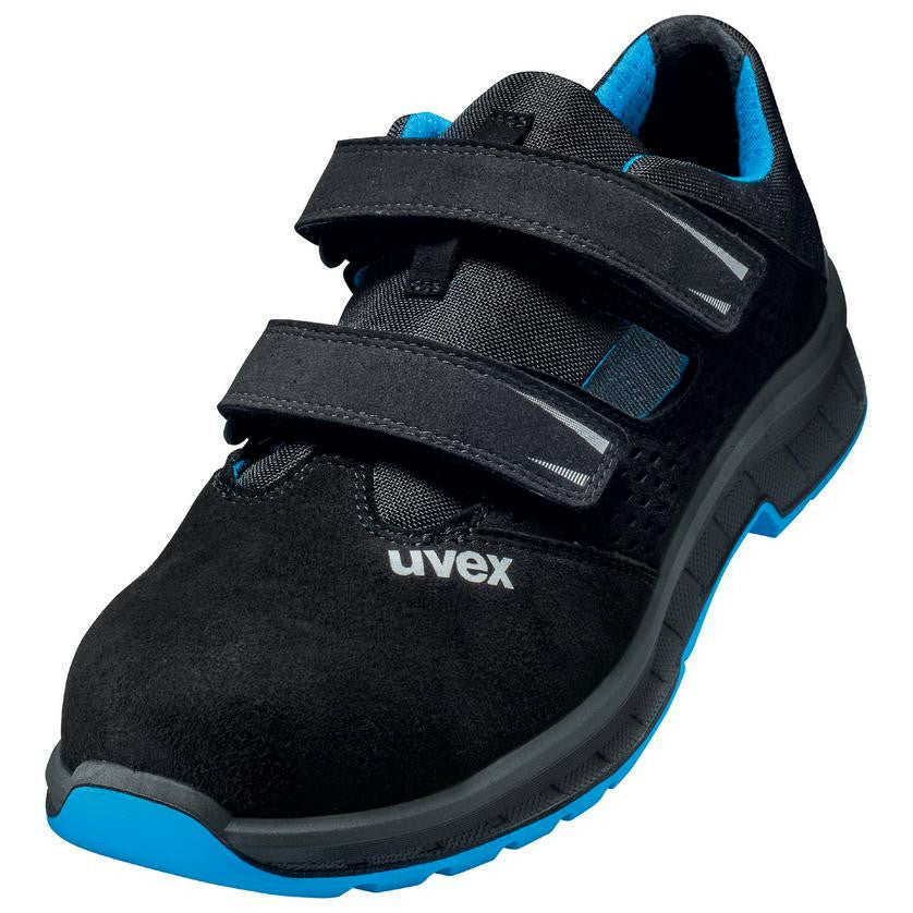Uvex 2 Trend Sicherheitssandale – S1P, Klettverschluss, Stahlkappe, Schwarz/Blau, Grösse 45