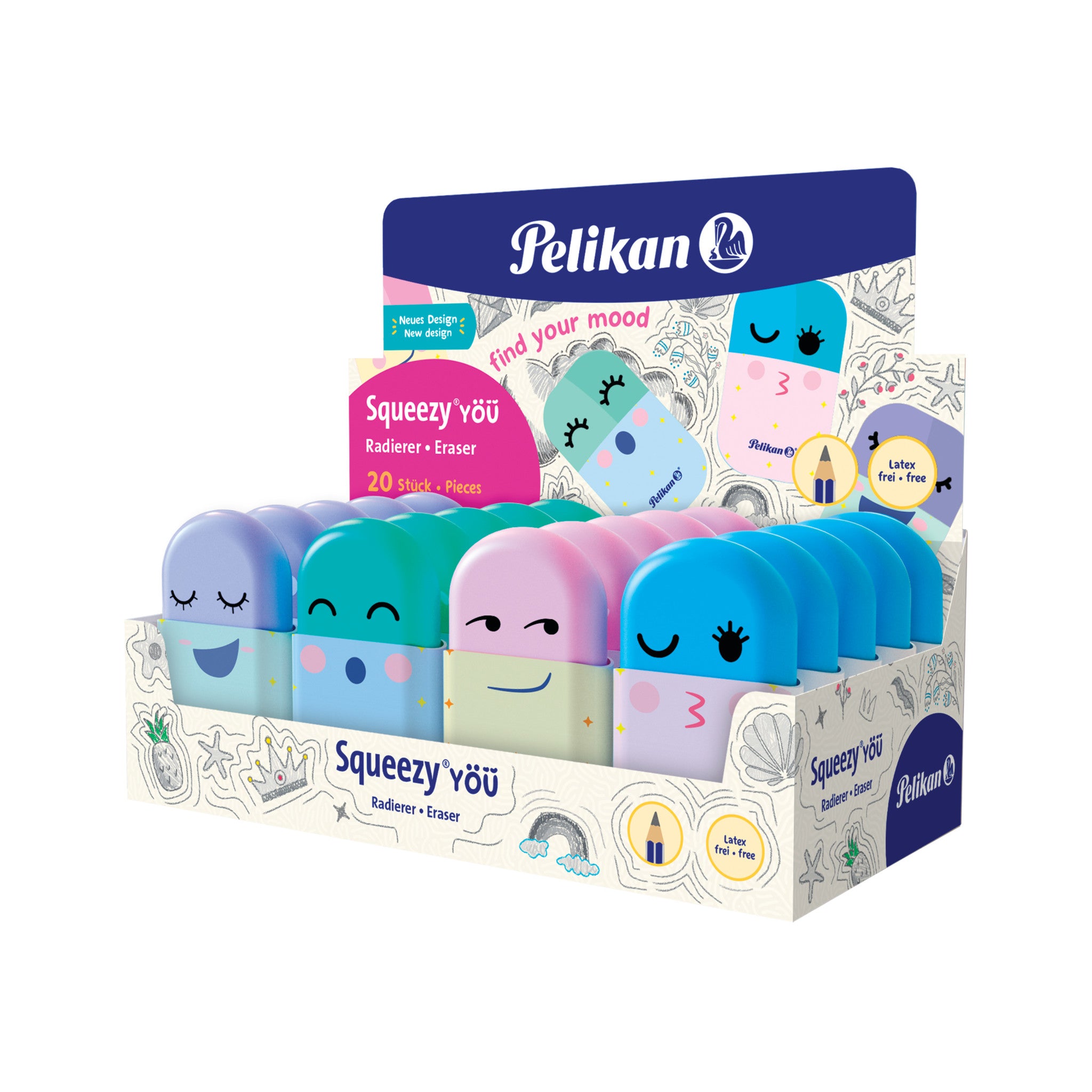 Pelikan Motiv-Radiergummi Squeezy You – für Bleistifte, latexfrei & phthalatfrei, farbig sortiert, 20 Stk.
