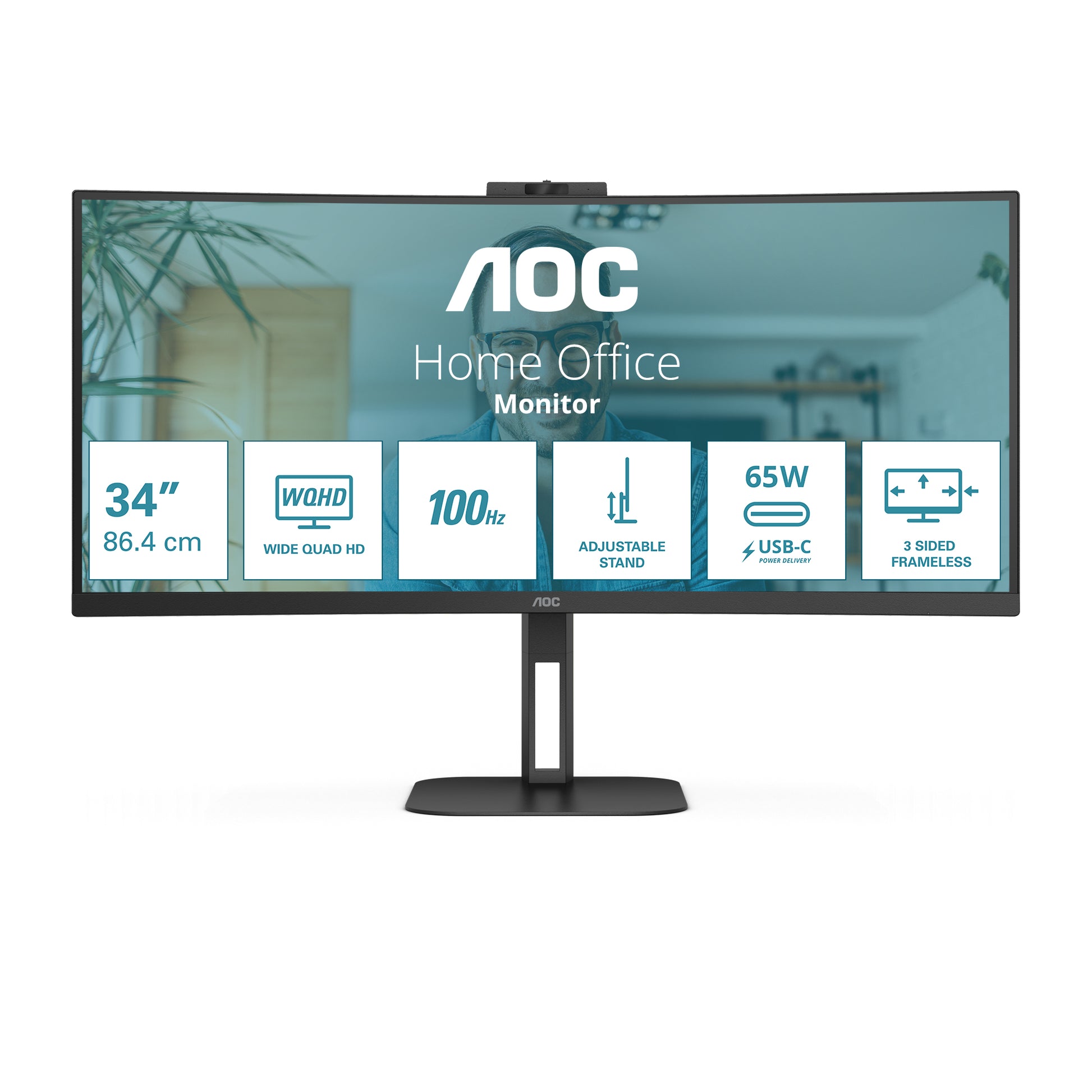 AOC CU34V5C/BK – Monitor, 34", USB-C, Lautsprecher, USB-Hub, FreeSync, Curved, VESA 100 × 100, Schwarz