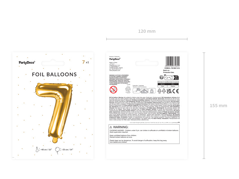 PartyDeco Folienballon Zahl 7 – Gold – 35 cm – Folie – 1 Stück – mit Helium befüllbar