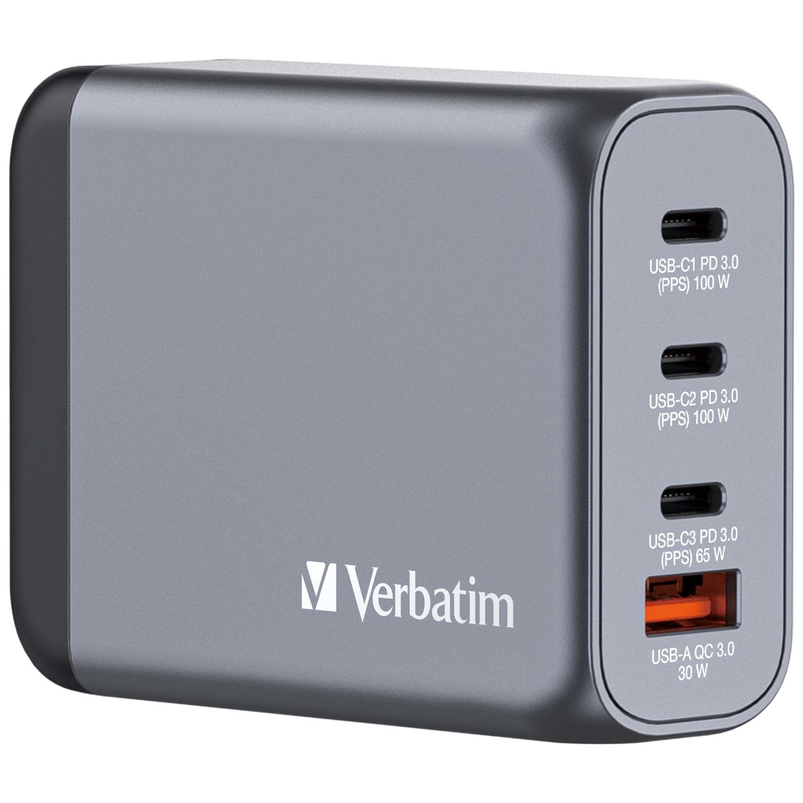 Verbatim Ladegerät (EU/UK/US) – 100 W, 3× USB-C + 1× USB-A, PD, PPS, QC, GaN