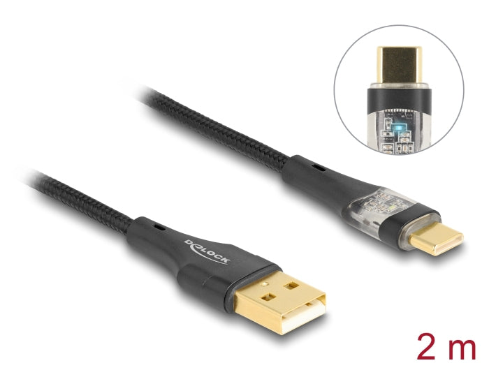 DeLOCK USB-A auf USB-C Kabel – USB 2.0 (480 Mbit/s) – 2 m – PD 60 W – Textilmantel – Schwarz