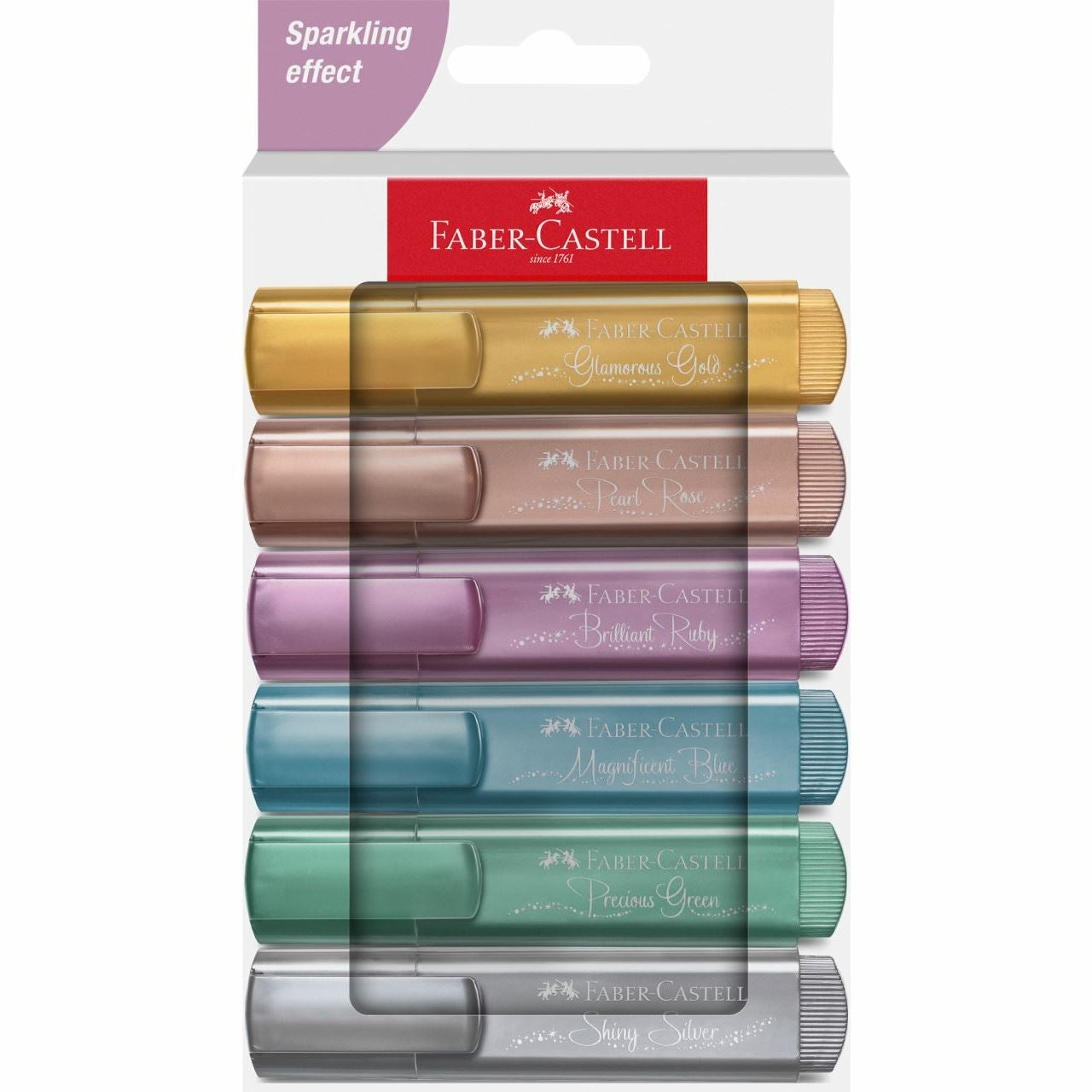 Faber-Castell Textliner 46 Metallic Textmarker – 6er Set, Farben sortiert, Keilspitze 1–5 mm, nachfüllbar