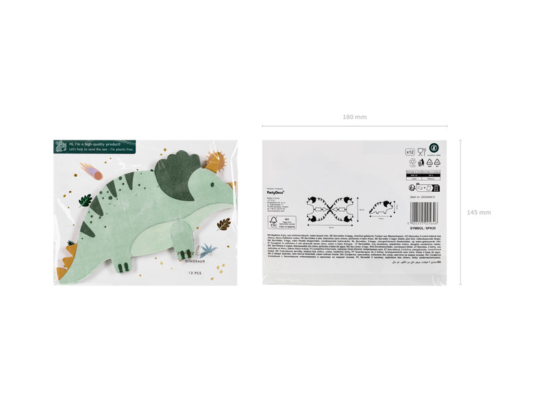 PartyDeco Servietten Dinosaurier, 36 × 20 cm, grün – FSC – 12 Stk.
