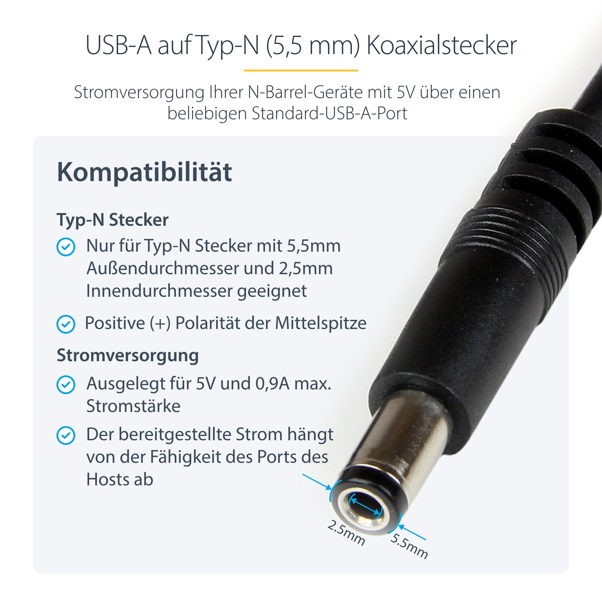 StarTech.com USB-A auf Hohlstecker Typ N Kabel – USB 2.0 (480 Mbit/s) – 1 m – Geschirmt – Schwarz