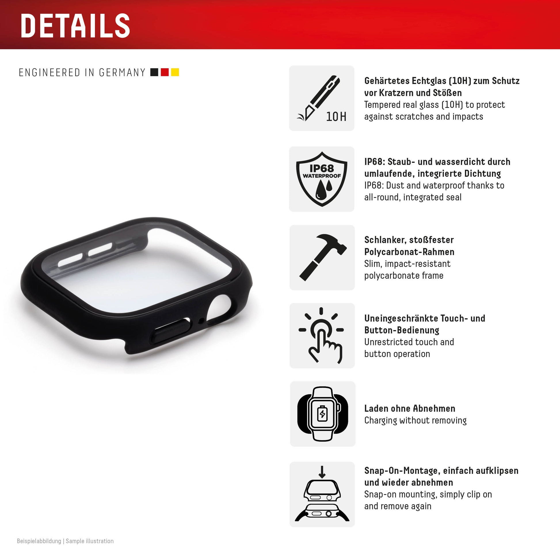 Displex 40 mm – Polycarbonat & Gehärtetes Glas, Schwarz, für Apple Watch SE3/SE2/SE