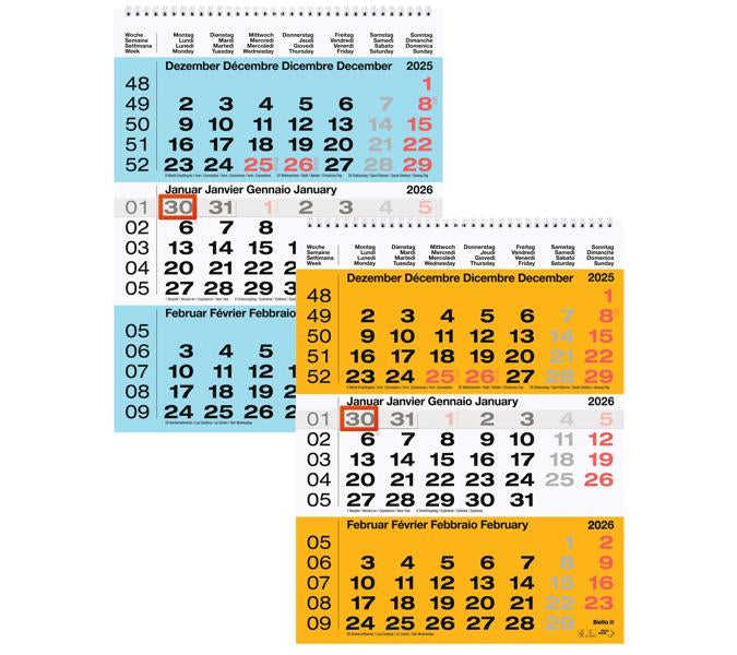 Biella 3-Monats-Kalender – 3 Monate pro Blatt – 2026 – Datumsschieber – 31 × 40 cm