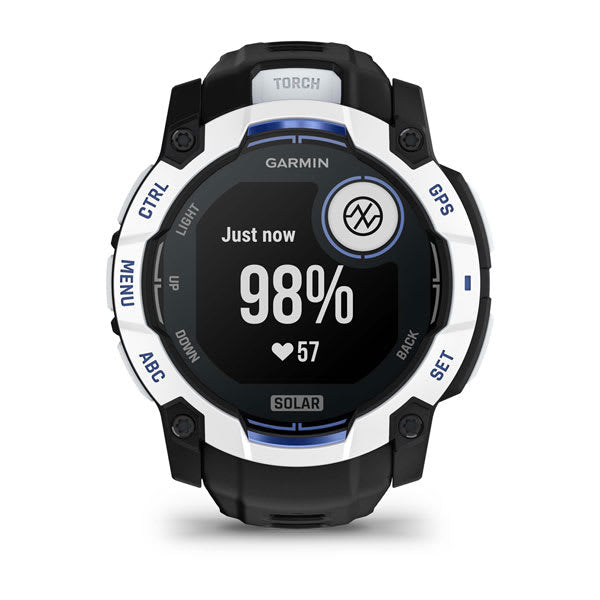 Garmin Instinct 3 50 mm GPS – faserverstärkter Kunststoff Weiss, Sportarmband, Dunkelblau, 100 m, für iPhone