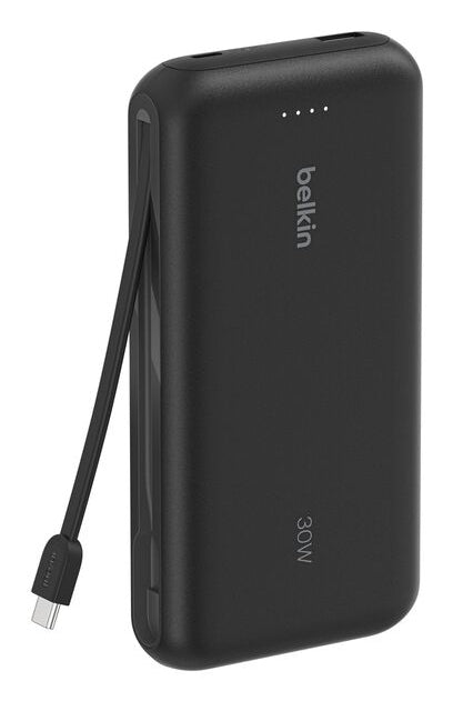 Belkin Powerbank 20000 mAh, PD 30 W, integriertes USB-C-Kabel, Schwarz