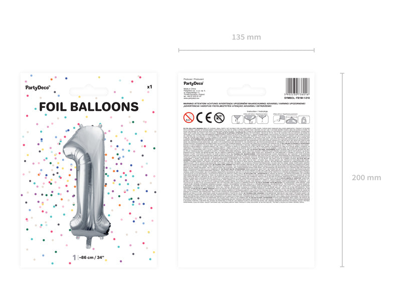 PartyDeco Folienballon Zahl 1 – Silber – 86 cm – Folie – 1 Stk