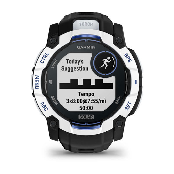 Garmin Instinct 3 50 mm GPS – faserverstärkter Kunststoff Weiss, Sportarmband, Dunkelblau, 100 m, für iPhone