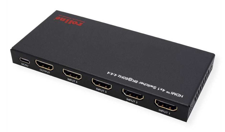 ROLINE HDMI Switch, 4×1, 8K@60 Hz, HDCP 2.3, IR-Fernbedienung, Schwarz