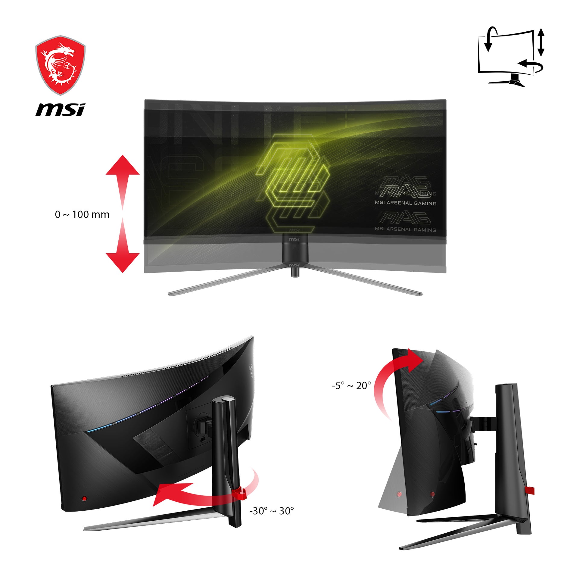 MSI MAG 345CQRDE – Monitor, 34", 3440 × 1440, VA, 180 Hz, 300 cd/m², Gebogen, USB-C, VESA 100 × 100, Schwarz