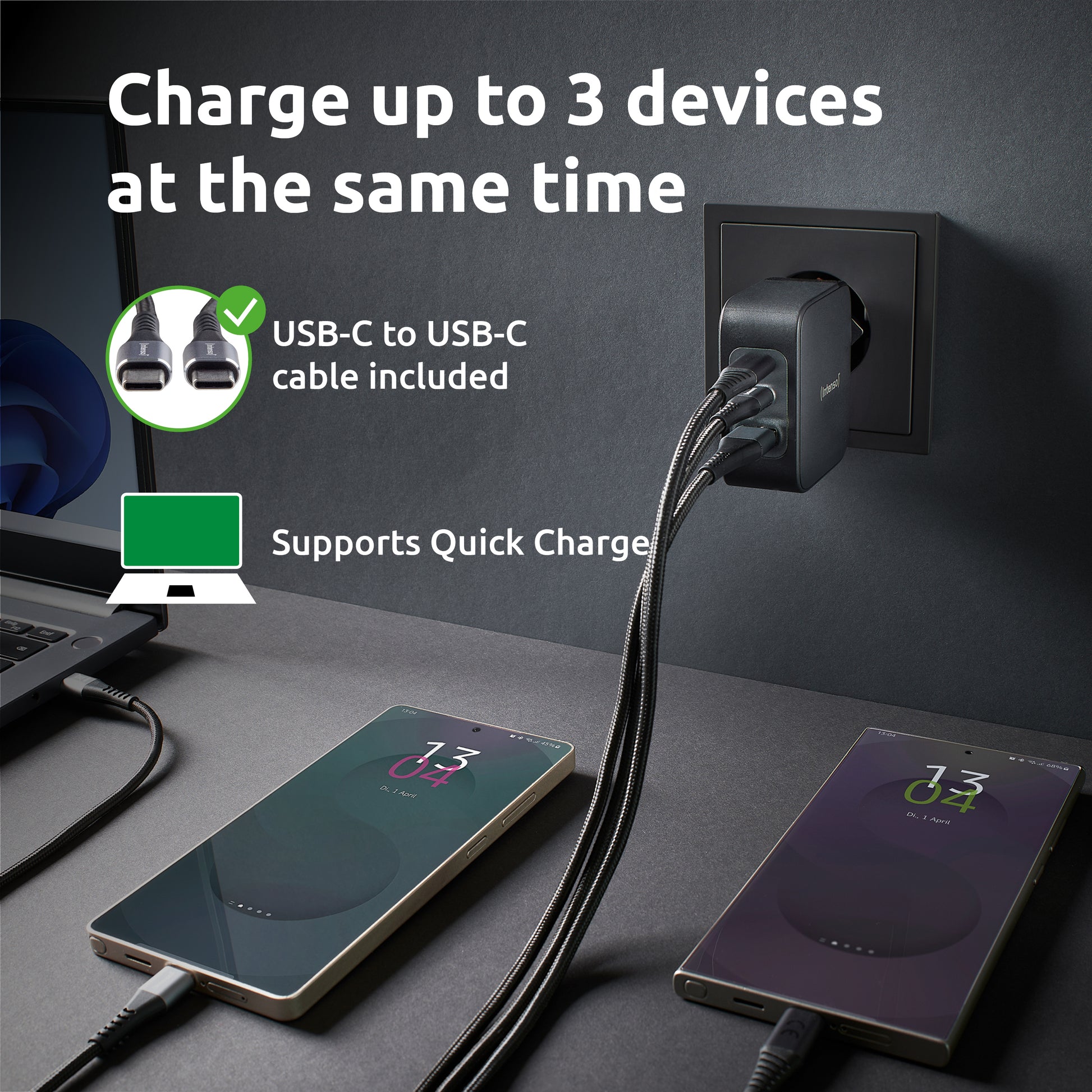 Intenso W100ACC USB-Ladegerät 100 W – USB-C×2, USB-A×1 – PD 3.0, PPS, QC 5, GaN – Schwarz