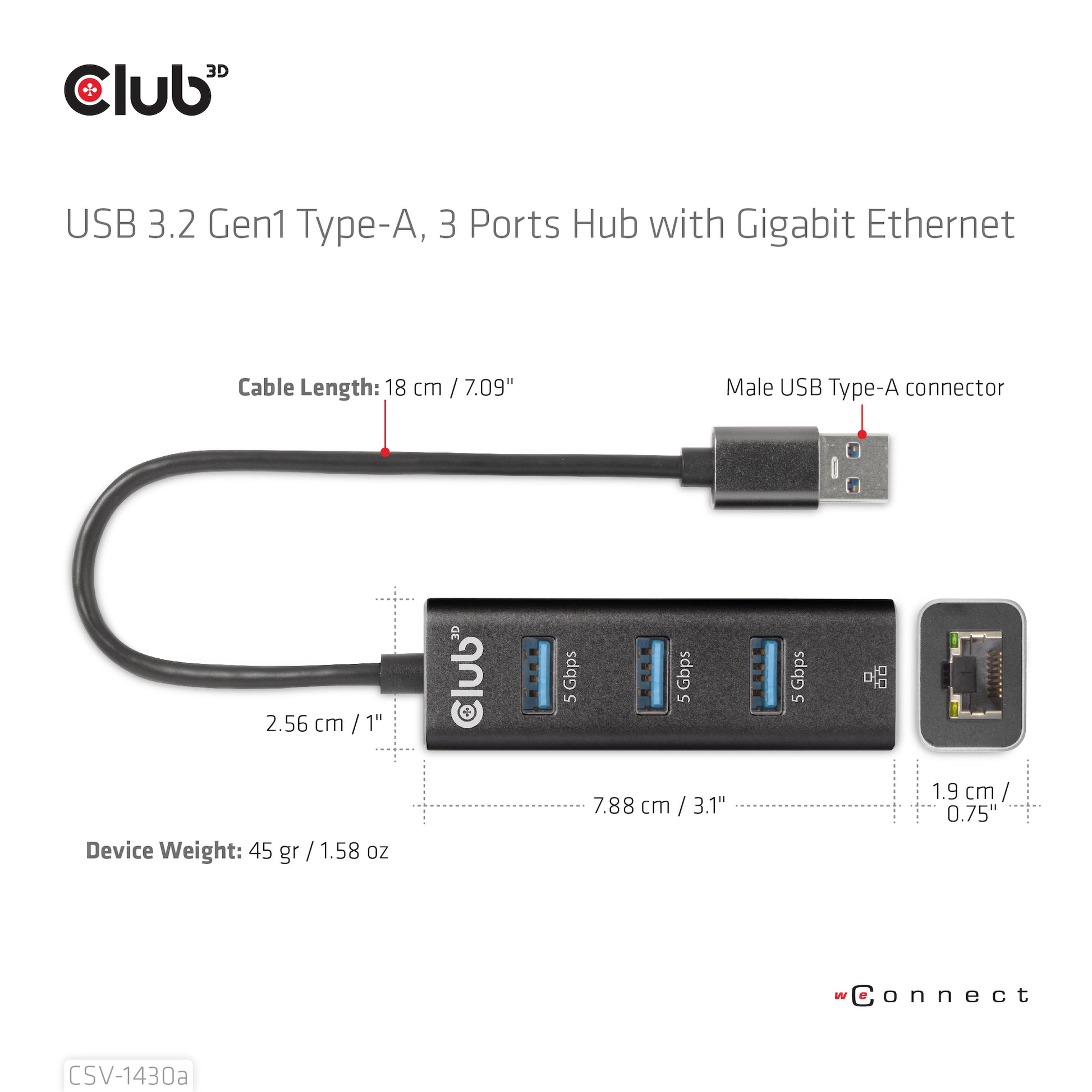 CLUB3D Club 3D CSV-1430a USB-Hub – USB 3.2 Gen 1, 3× USB-A, GbE