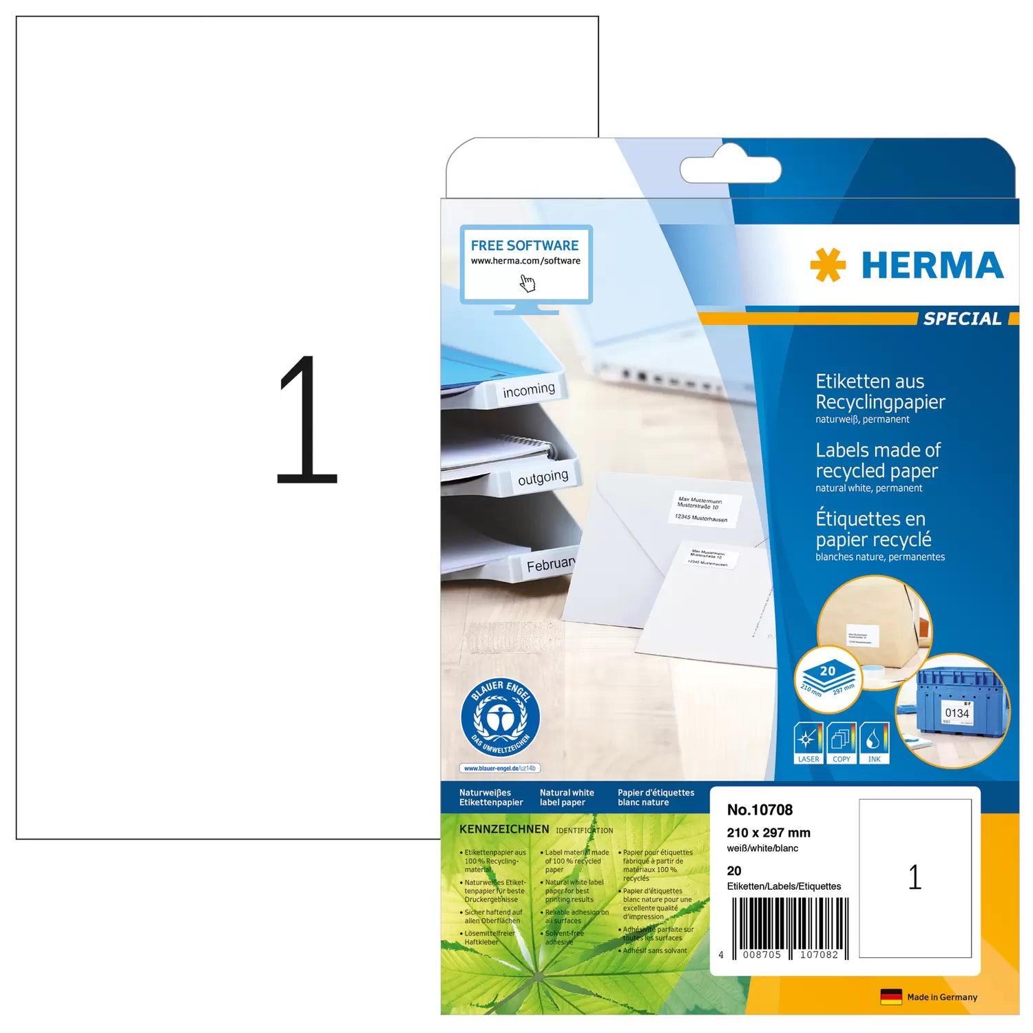 HERMA Etiketten (A4-Bogen), 210 mm × 297 mm, naturweiss, Altpapier, permanent, Packung 20 Blatt
