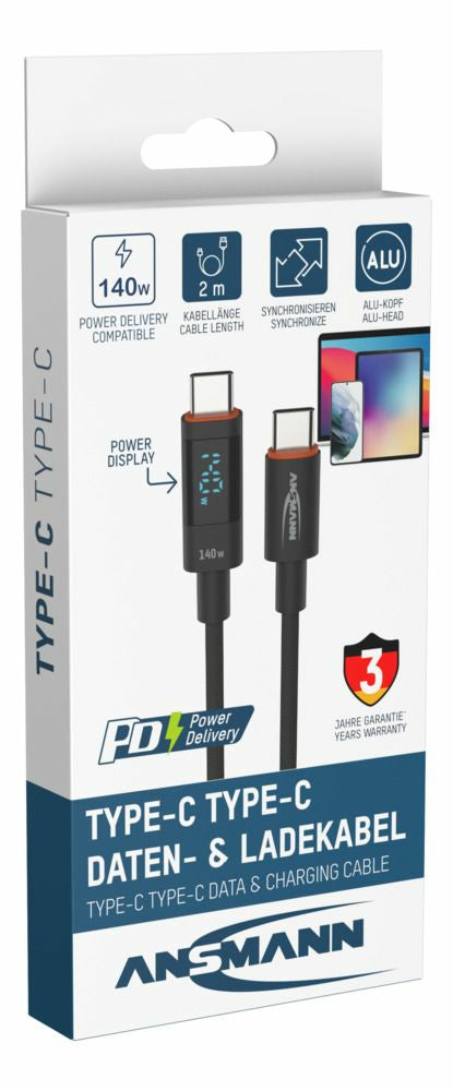 Ansmann USB-C auf USB-C Kabel – USB 2.0 (480 Mbit/s) – 2 m – PD 140 W – LED-Display – Anthrazit