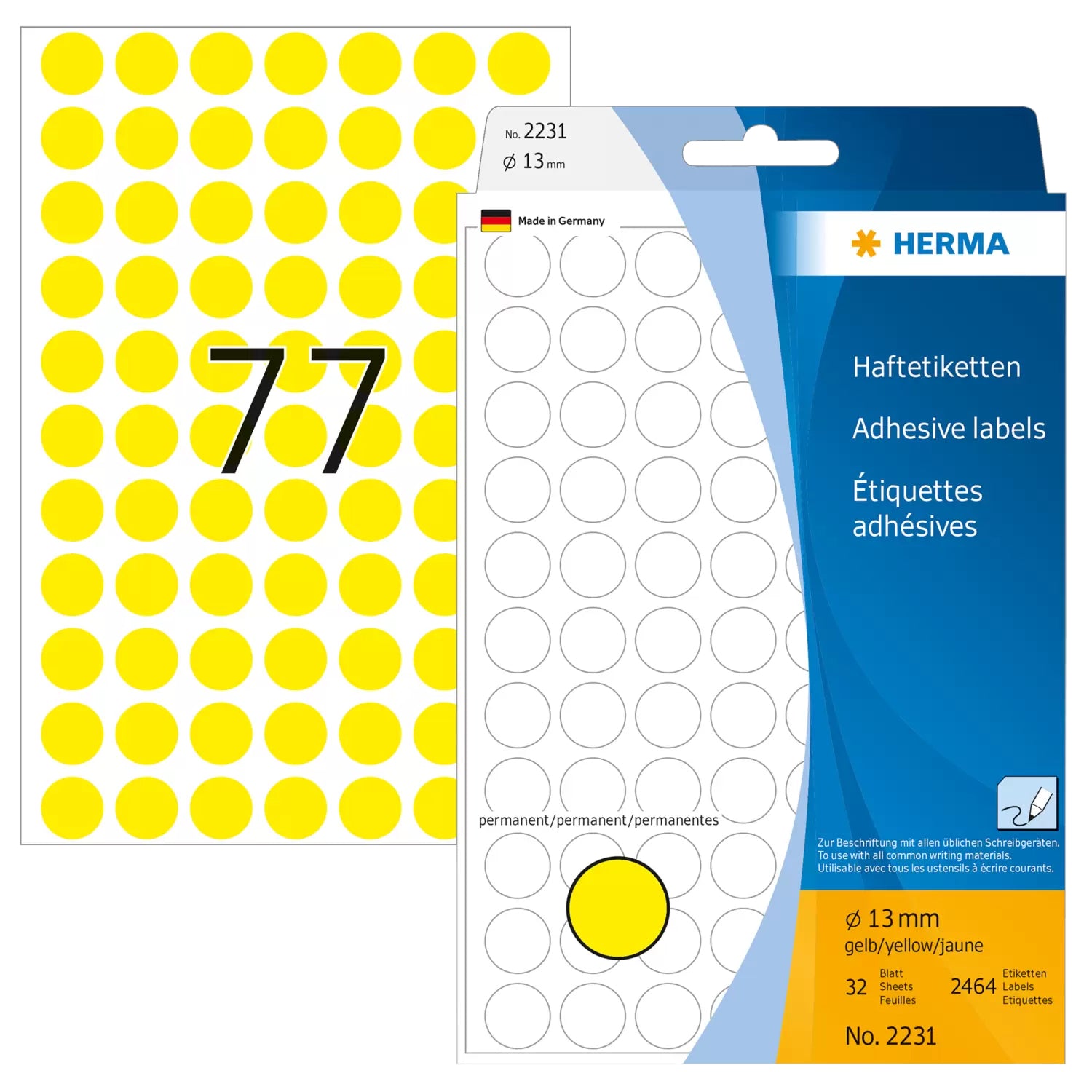 HERMA Haftetiketten – Ø 13 mm, permanent, gelb, 32 Blatt (2'464 Stk.)