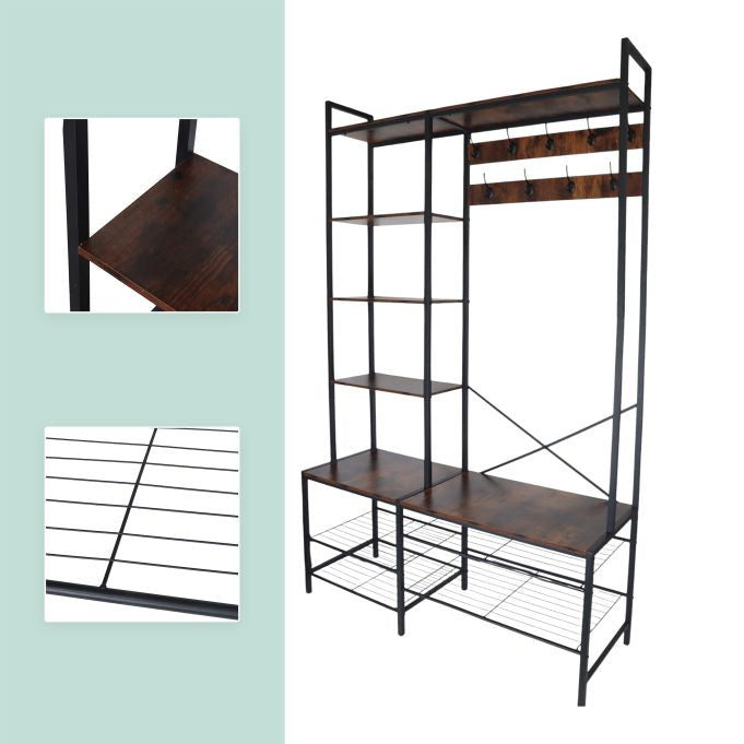 Relaxdays Garderobenständer – Stahl/MDF, Schwarz/Dunkelbraun, 120 × 40 × 190 cm