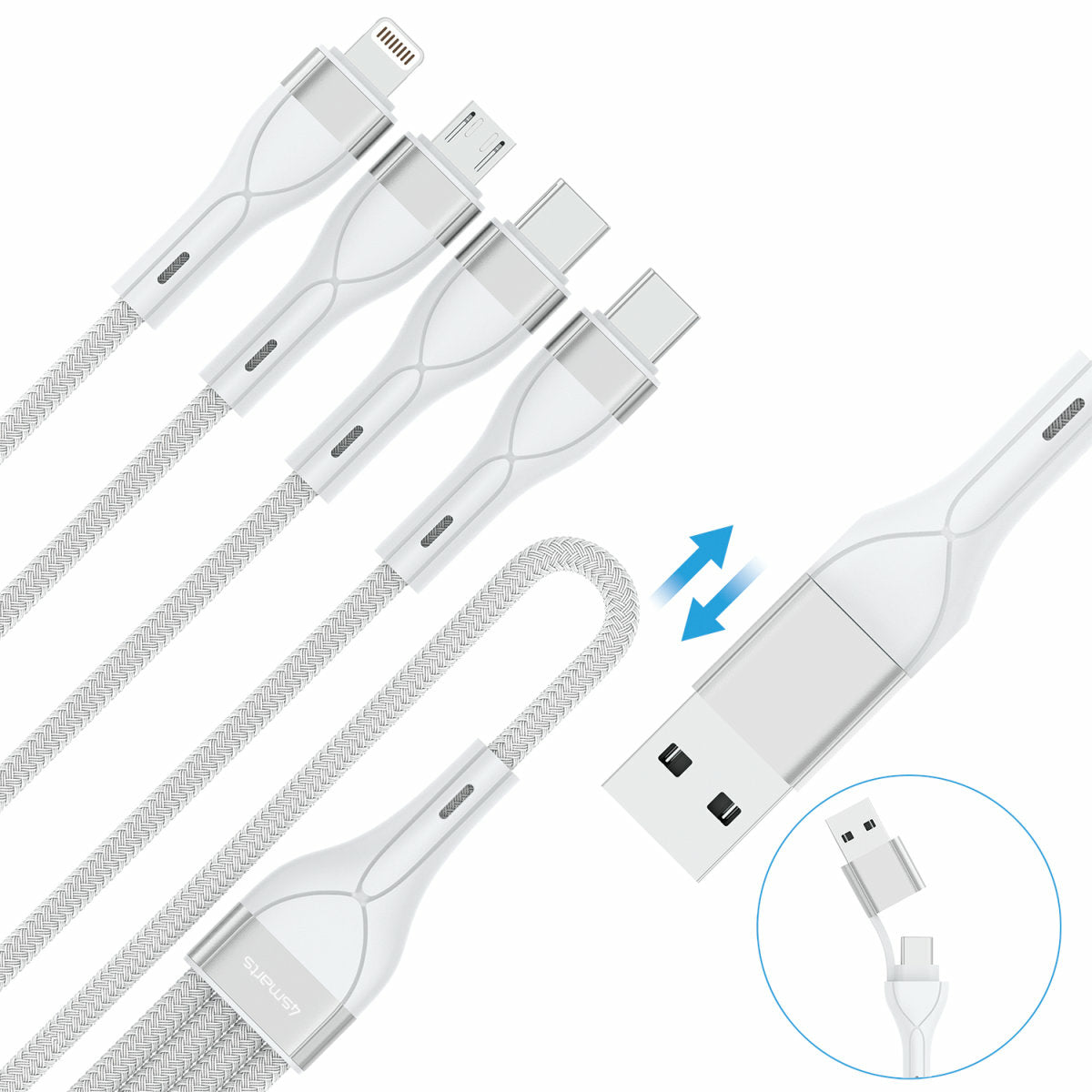 4smarts Multi-Kabel – 4-in-1 USB-A/USB-C auf USB-C/Micro-USB/Lightning 1,2 m, Weiss – für iPhone/Android