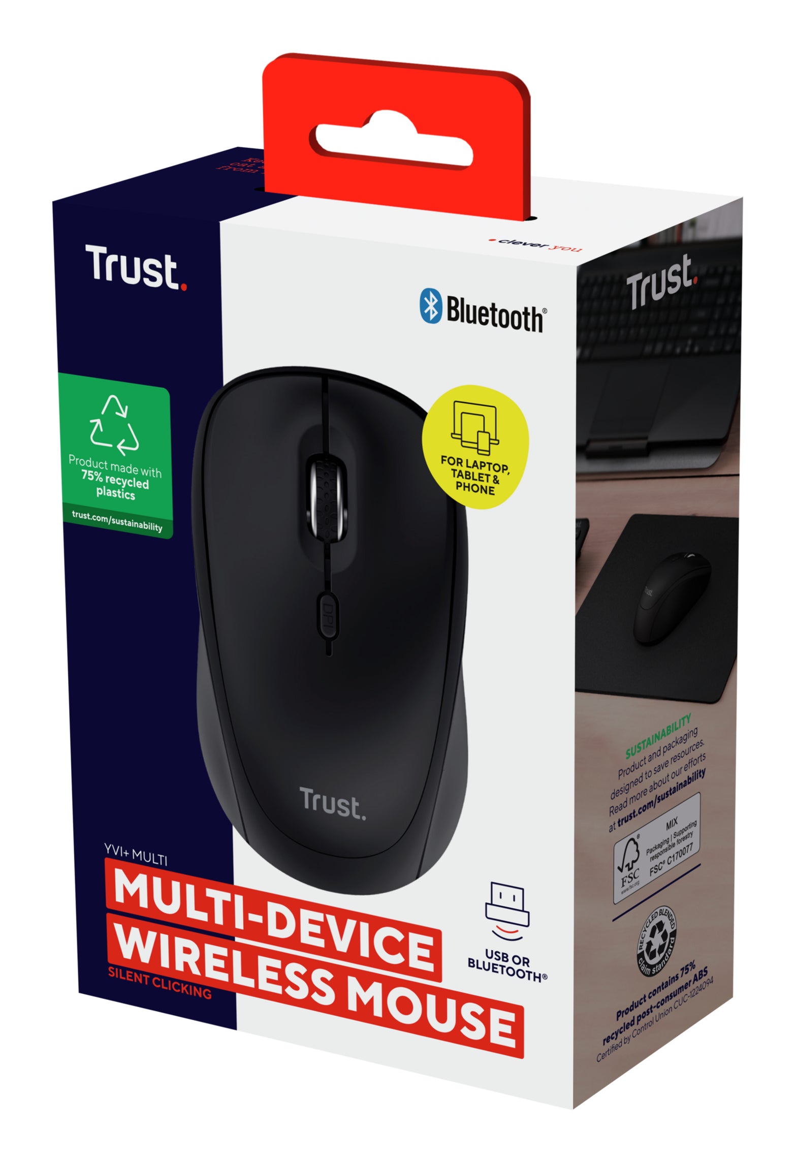 Trust Yvi+ multi Device – Maus – Kabellos (Bluetooth/2,4 GHz), 1600 DPI, beidhändig, Schwarz