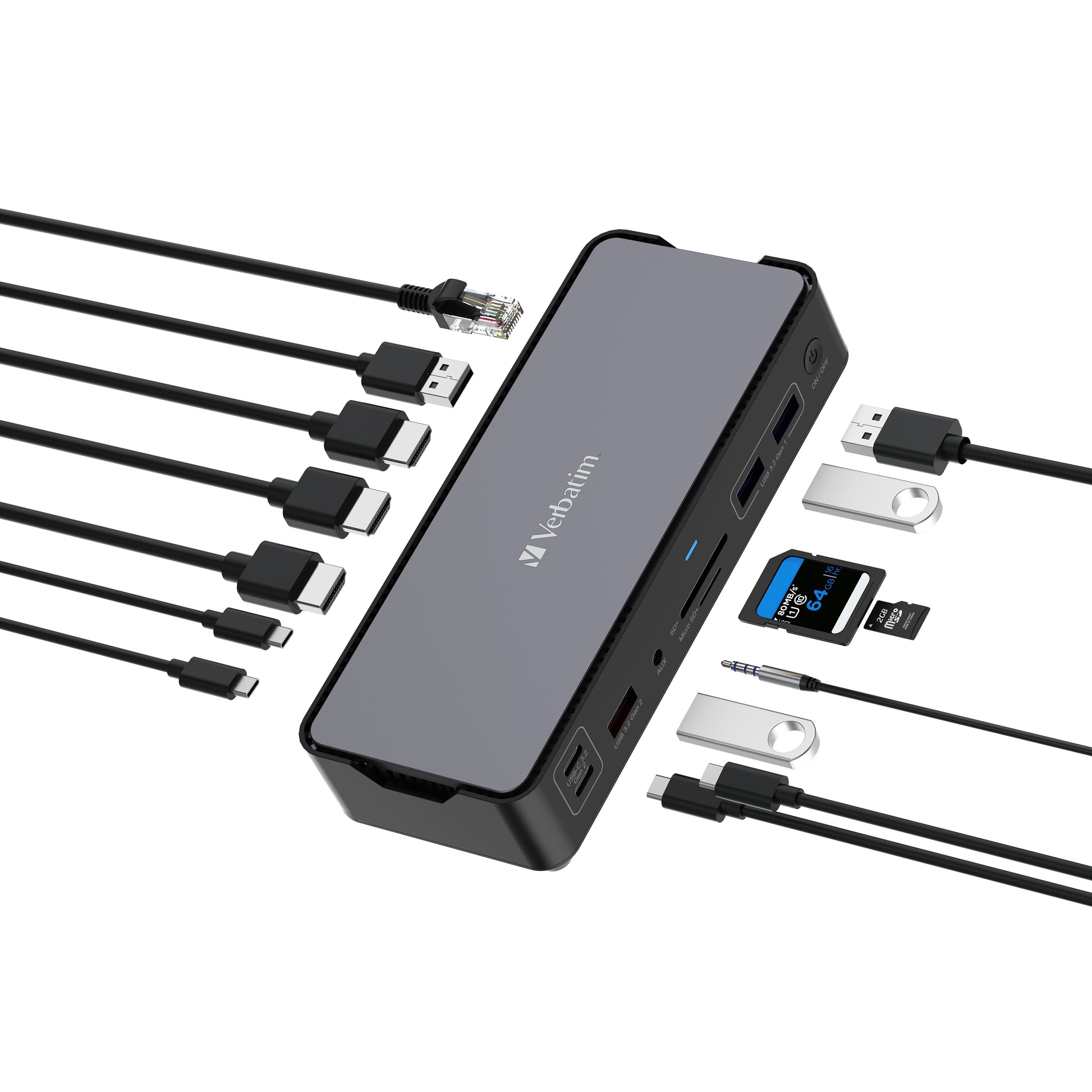 Verbatim CDS-15 Dockingstation – USB-C, 1× DP, 2× HDMI, 4× USB-A, 100 W PD, GbE, 3,5 mm Audio, für Windows/Mac