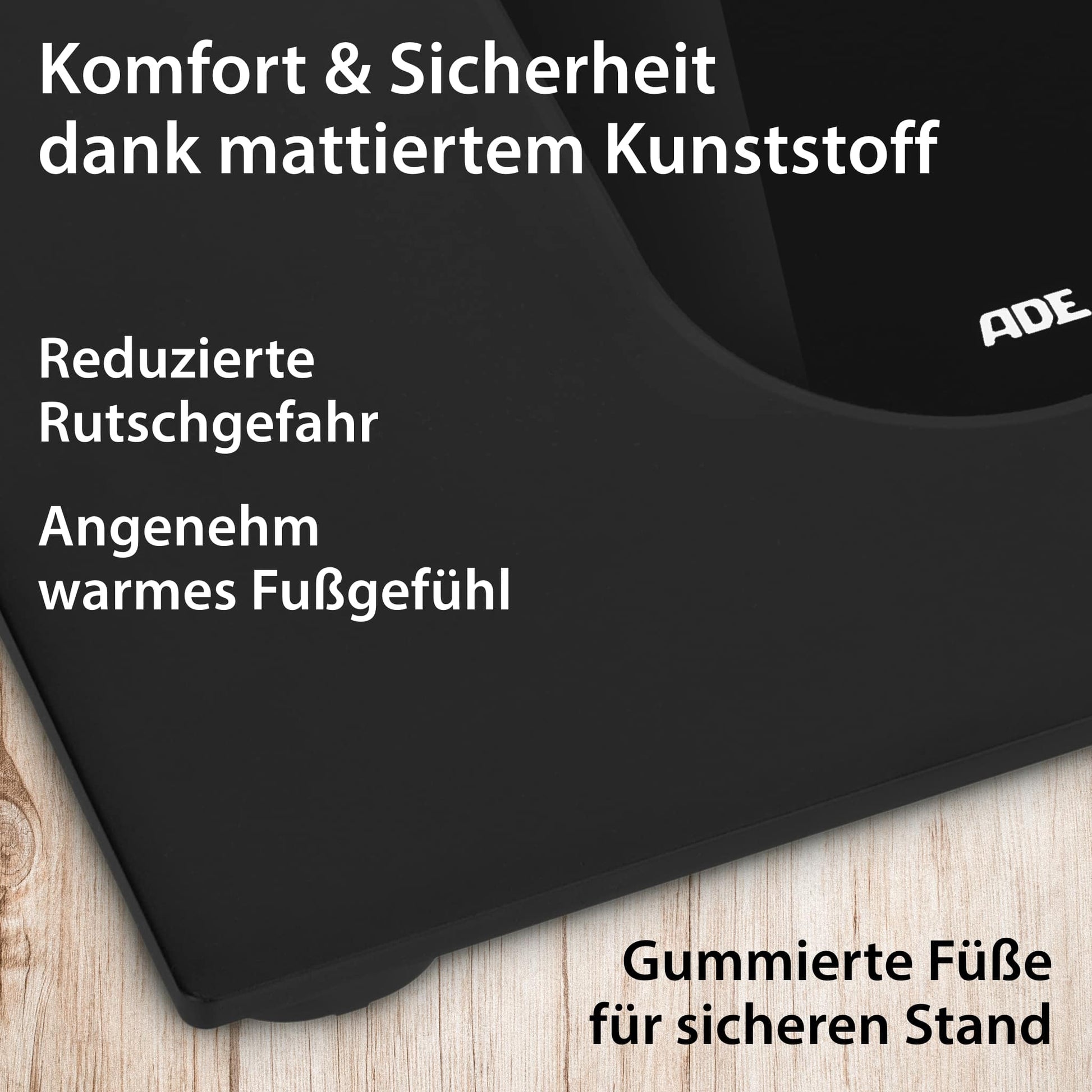 ADE Personenwaage Allegra – 31×31×2,6 cm, Glas, 250 kg, Schwarz