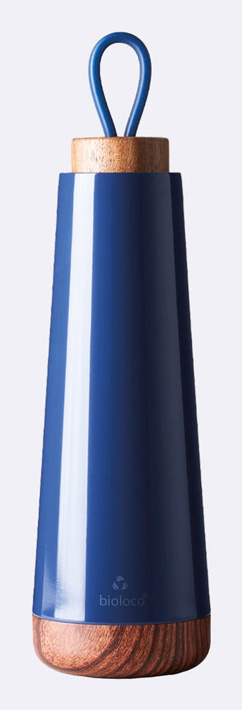 BioLoco Loop Isolierflasche 500 ml – Doppelwandig 18 h heiss/12 h kalt, Edelstahl, Holzdeckel, Midnight Sky