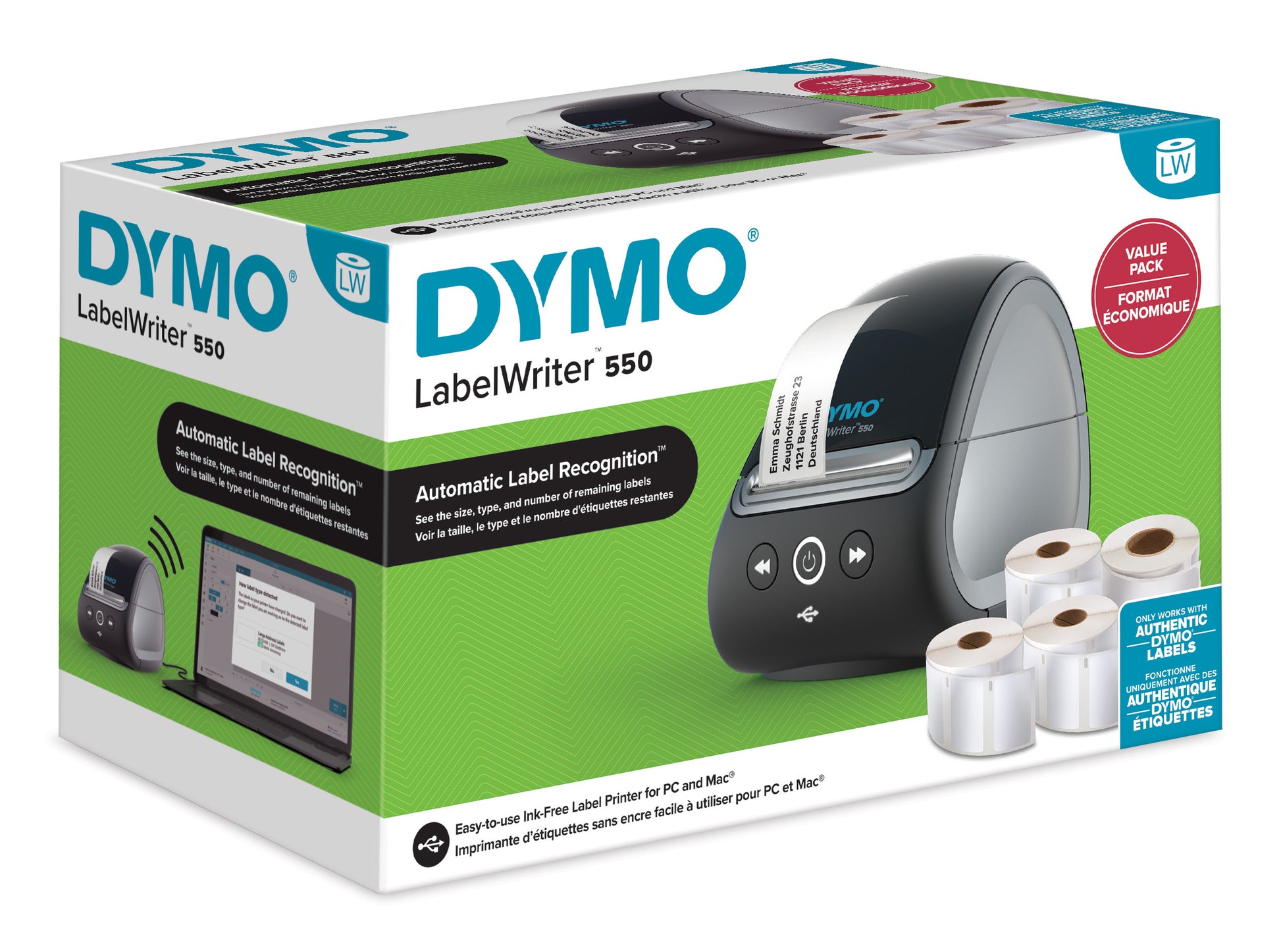DYMO LabelWriter 550 – Etikettendrucker, Thermodirekt, USB, 300 dpi, für LabelWriter-Etiketten bis 62 mm