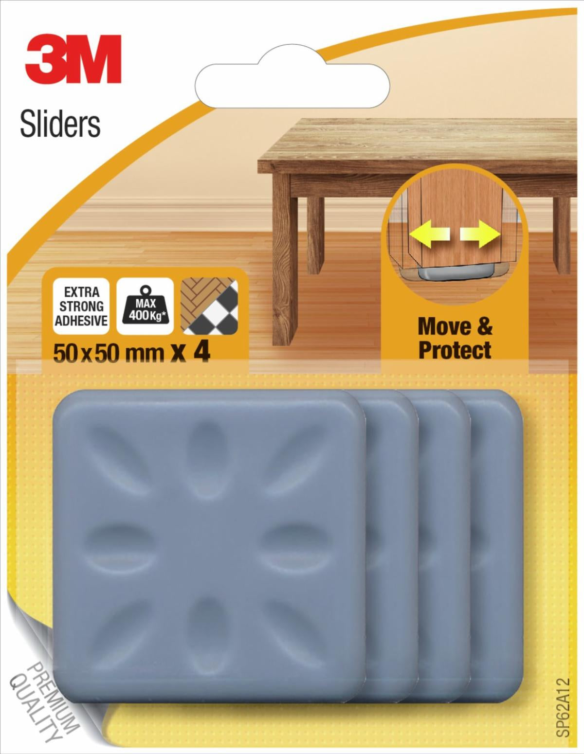 3M Möbelgleiter quadratisch 50 × 50 mm – grau – 4 Stück – extra starke Klebehaftung
