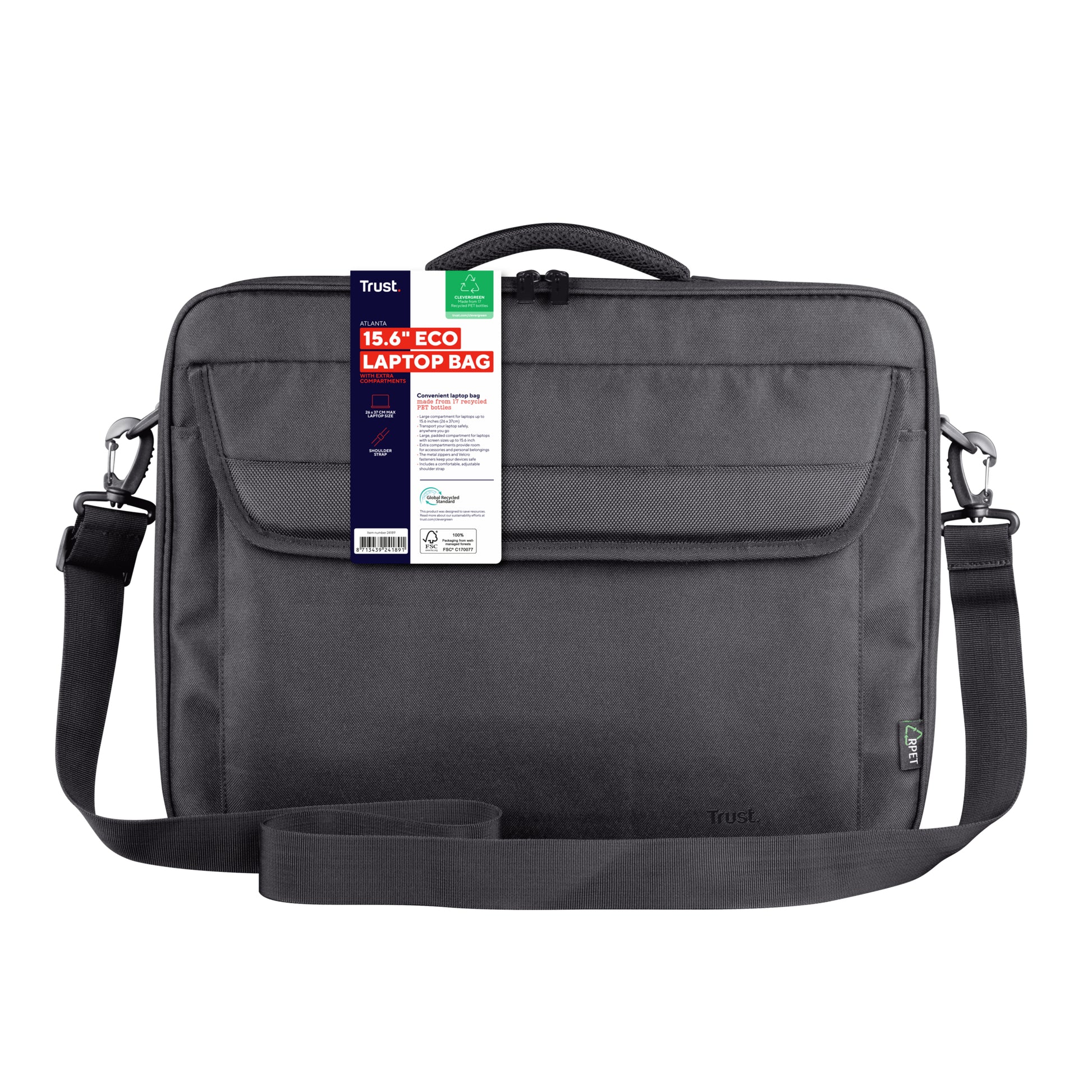 Trust Atlanta Notebook-Tasche bis 16" – mit abnehmbarem Schultergurt, Reissverschluss – Schwarz