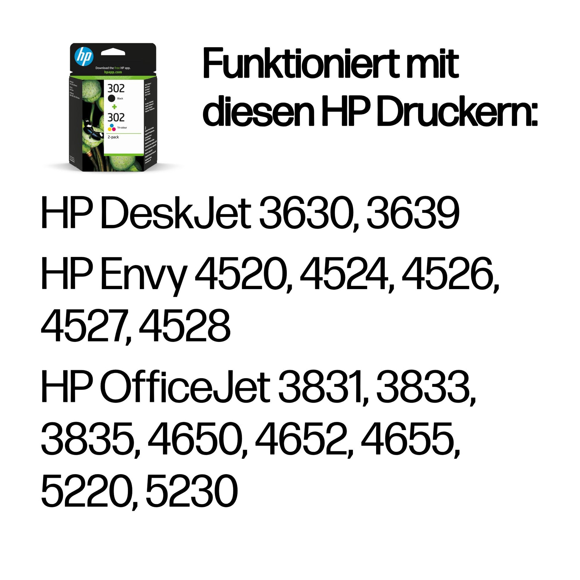 HP 302 Tintenpatronen-Multipack, Schwarz/Cyan/Magenta/Gelb (Original) – für 302