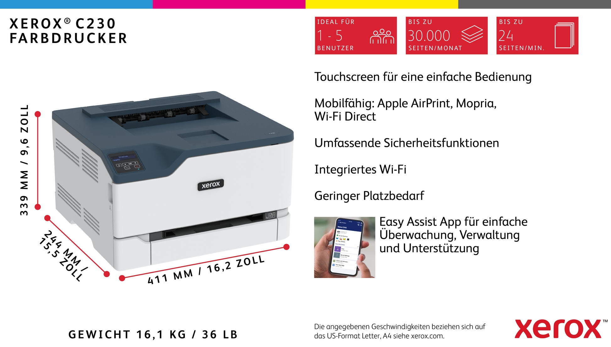 Xerox C230 – A4, 22 Seiten/Min., USB 3.0, LAN/WLAN