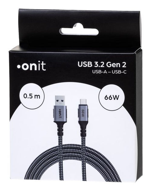 ONIT USB-A auf USB-C Kabel – USB 3.2 Gen 2 (10 Gbit/s) – 0,5 m – PD 66 W – Textilmantel – Schwarz/Grau