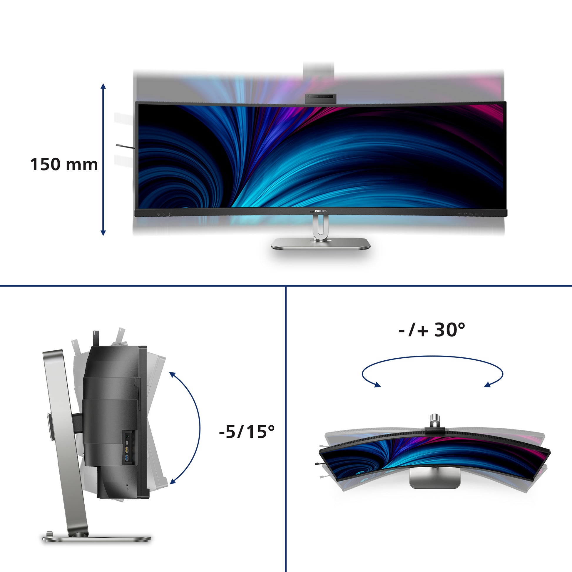 Philips 49B2U6900CH/00 – Monitor, 48,8", 450 cd/m², Webcam, KVM, 3× USB-C, Gebogen, VESA 100 × 100, Schwarz