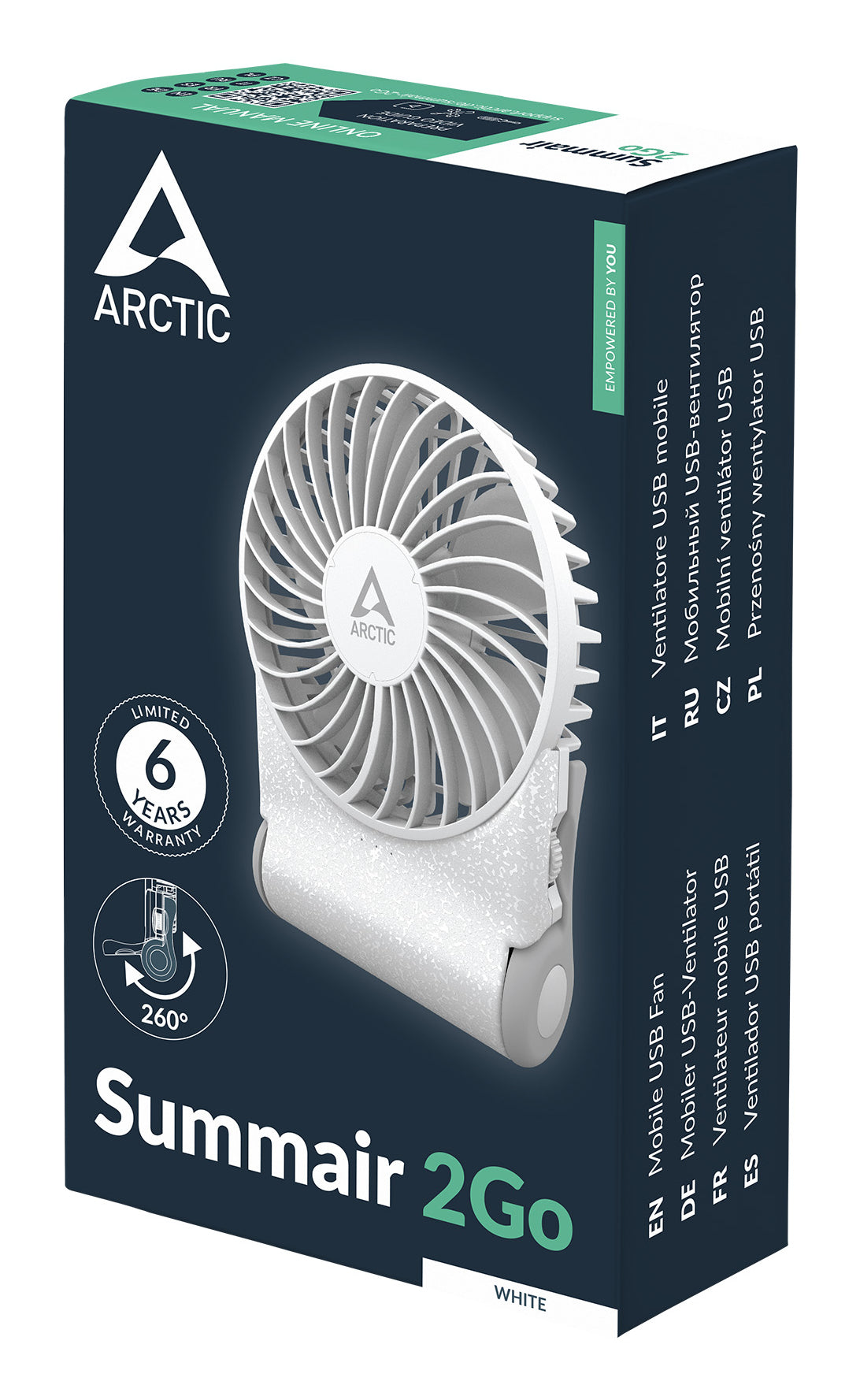 ARCTIC Handventilator Summair 2Go – 3 Stufen, 5000 mAh, 77 h, Weiss