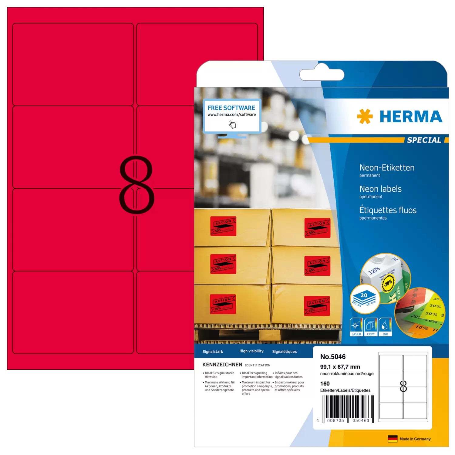 HERMA Etiketten, 99 mm × 68 mm, neonrot, Papier, permanent, 160 Etiketten (20 Blatt)