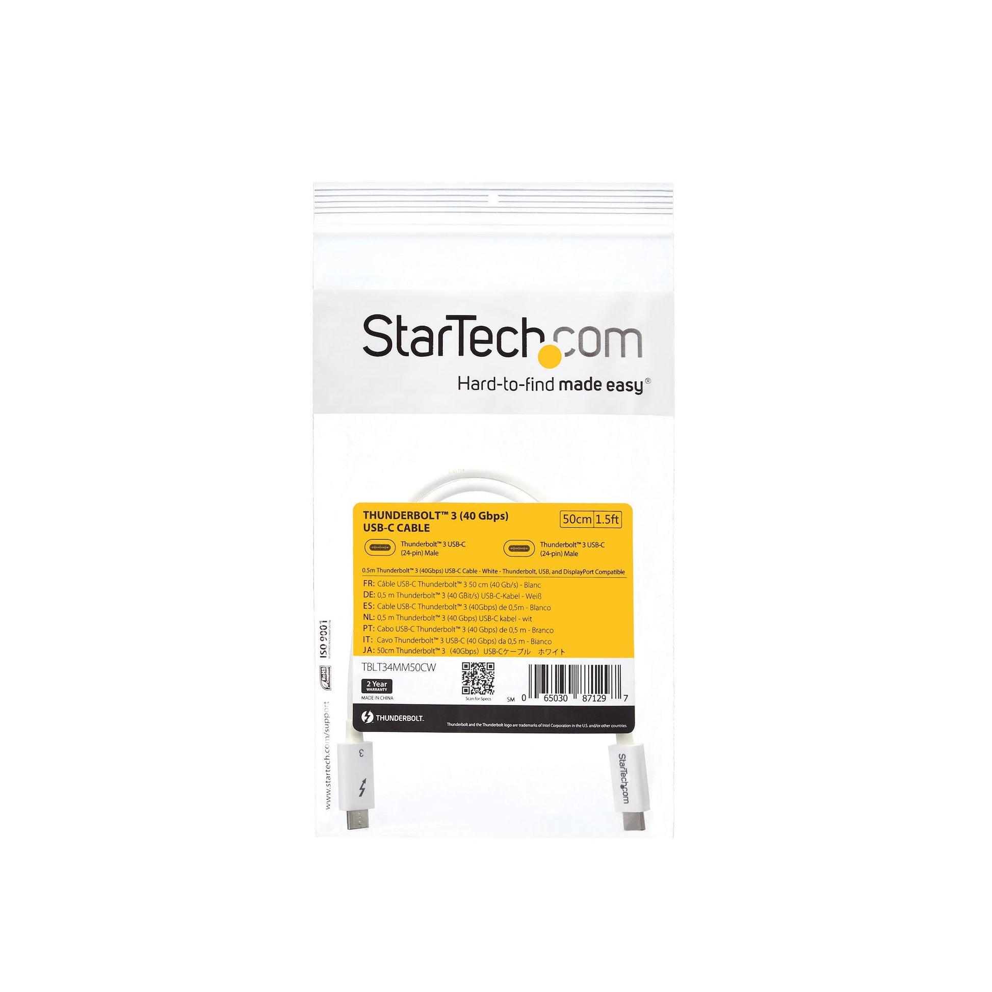 StarTech.com Thunderbolt 3 (USB-C) Kabel – 40 Gbit/s – 0,5 m – PD 100 W – PVC – Weiss