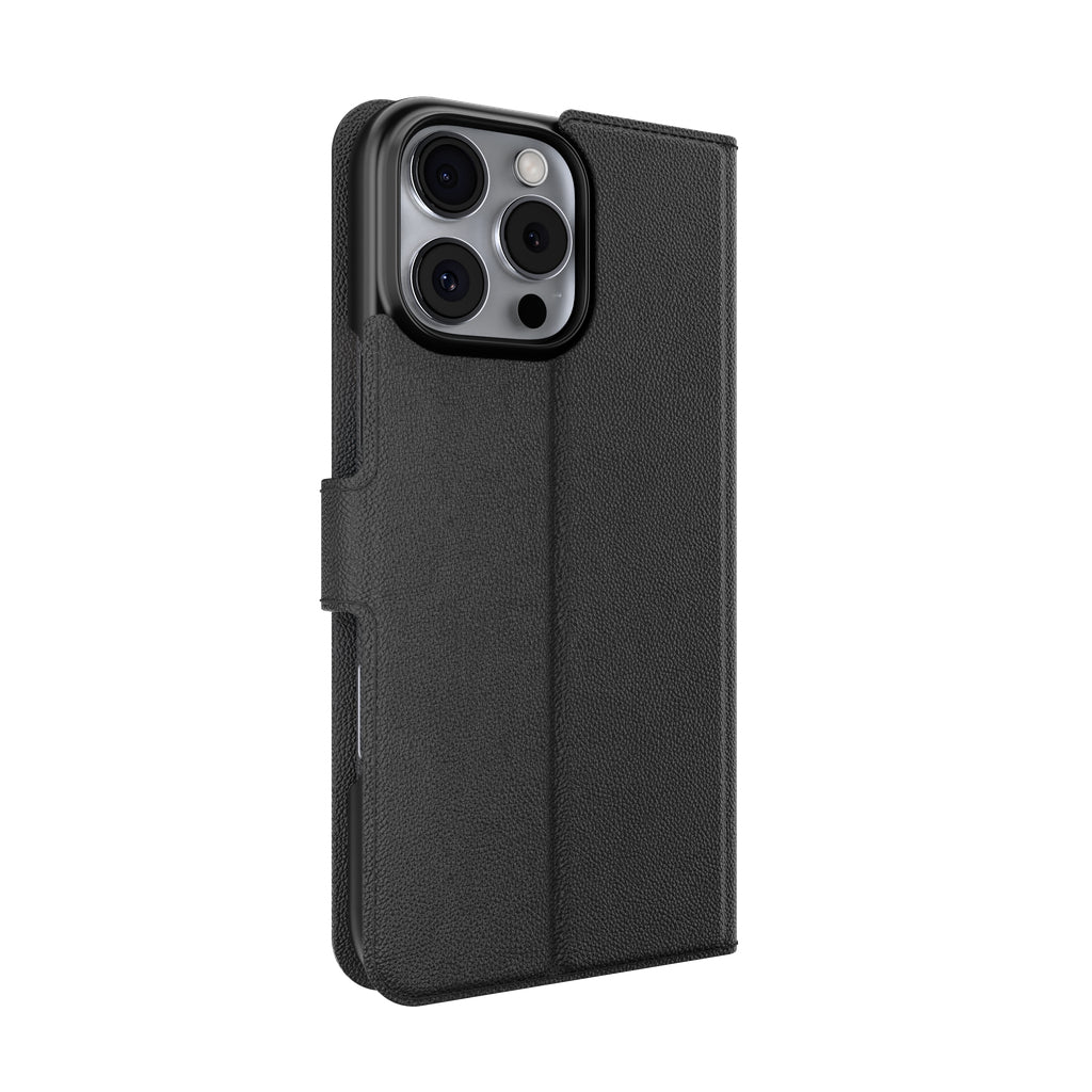 IFROGZ Wallethülle – für Apple iPhone 16 Pro Max, mit Ständer, 3 Kartenfächer, PU+PC, Schwarz