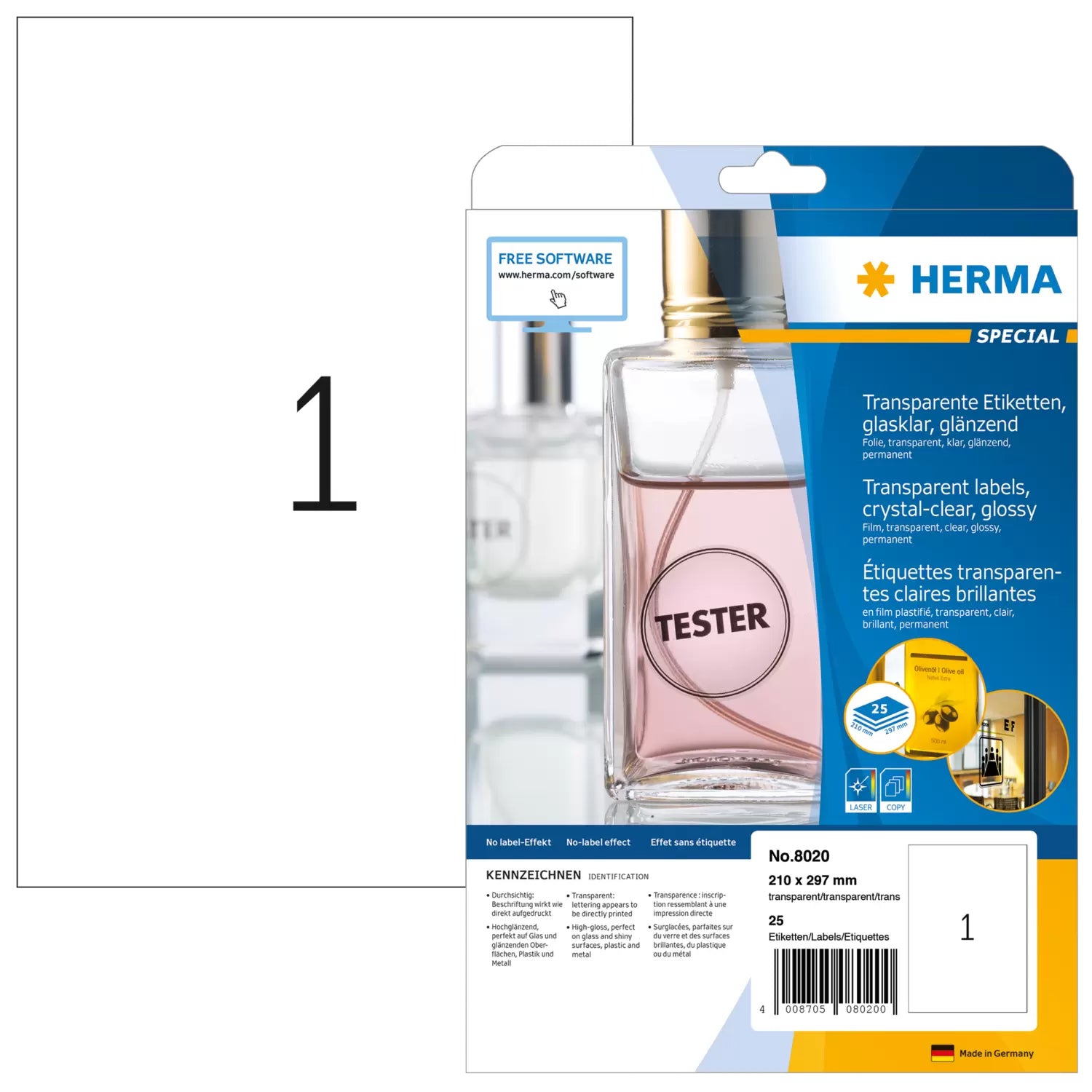 HERMA Etiketten auf Bögen, 210 mm × 297 mm, transparent, Folie, permanent, 25 Blatt