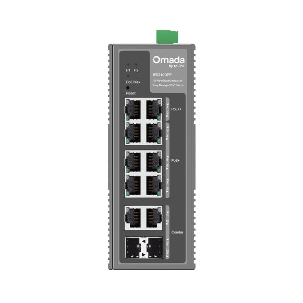 TP-Link Omada IES210GPP – Managed Switch – 8× 1G, 2× SFP (Combo), PoE+, PoE++, PoE-Budget 240 W, Hutschiene