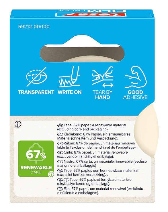 tesafilm PAPER Beschriftungs-/Abdeckband (Papier) – 19 mm × 33 m, transparent, Papier, wiederablösbar