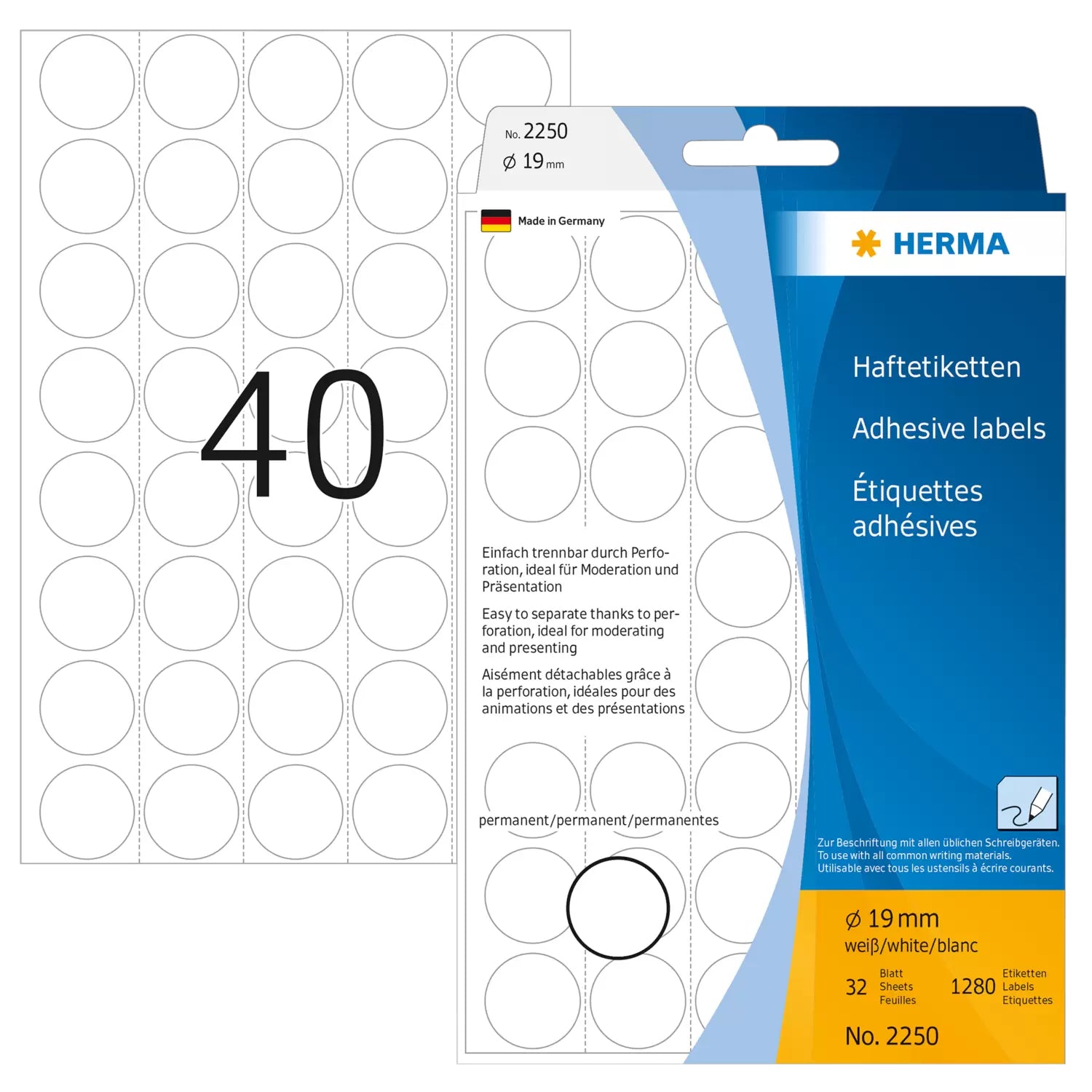 HERMA Haftetiketten – Ø 19 mm, stark haftend, weiss, 32 Blatt (1'280 Stk.)