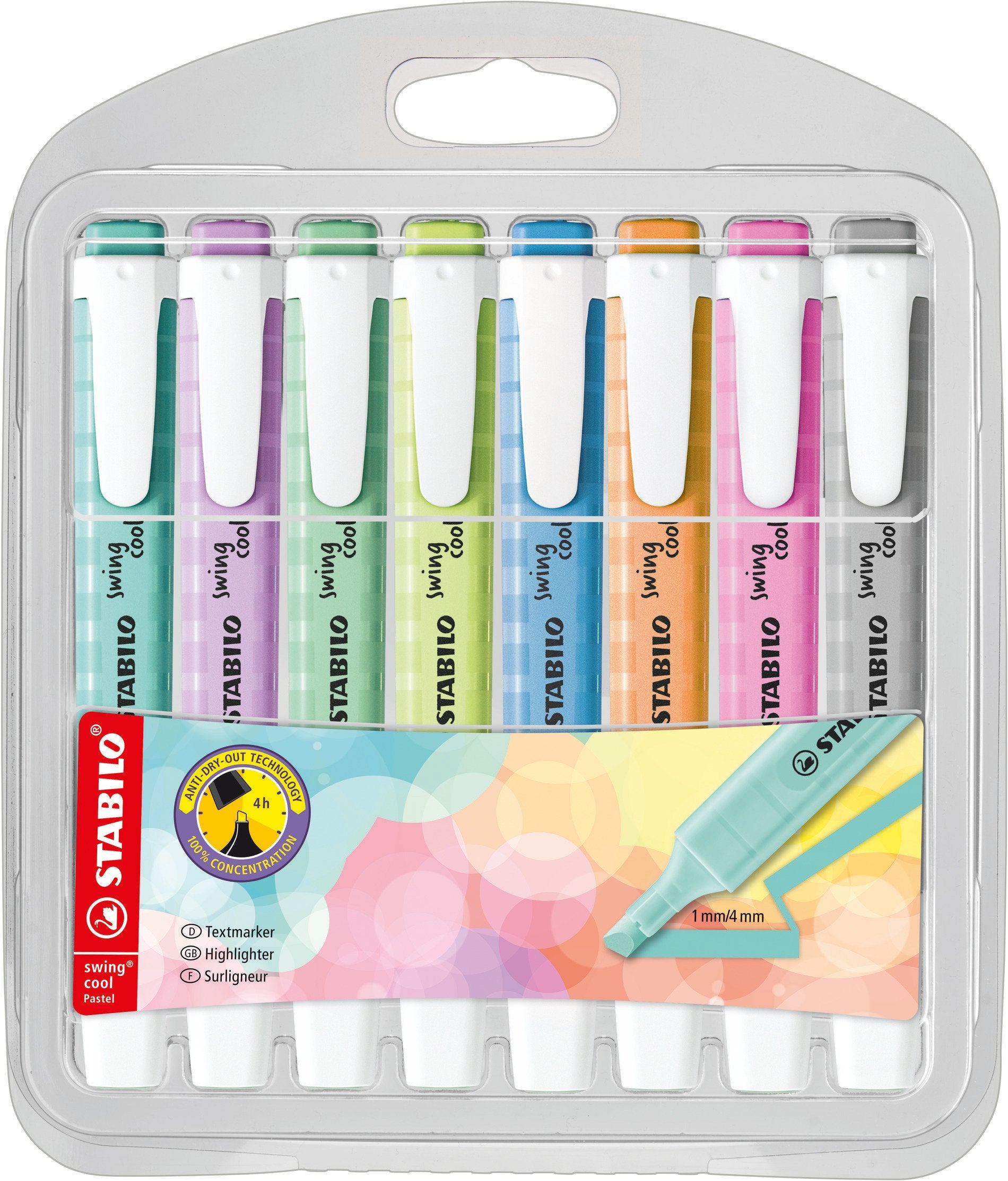 STABILO swing cool Textmarker Set 8 Pastellfarben – Keilspitze, 1–4 mm