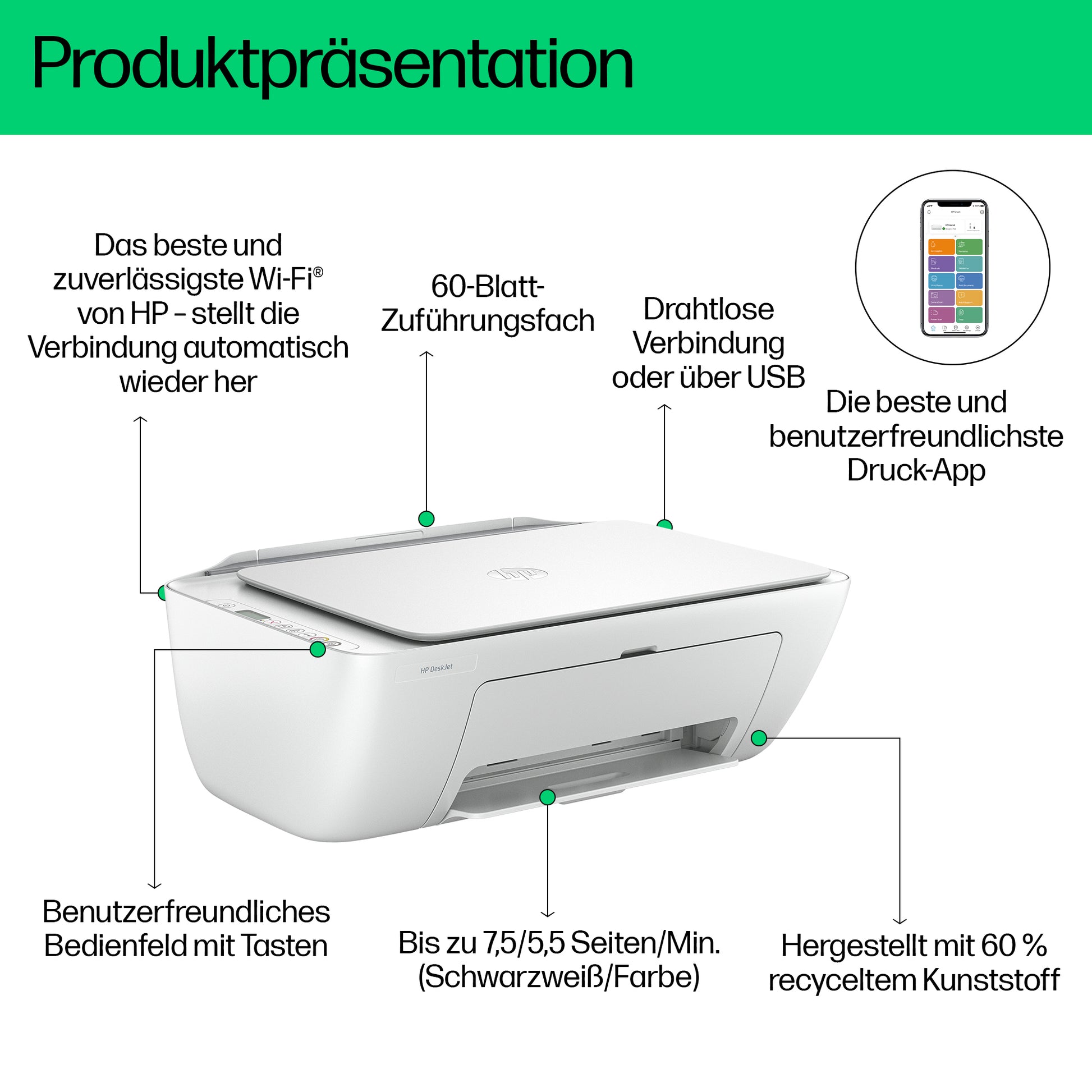 HP Deskjet 2810E All-In-One – Farbtintenstrahl-Multifunktionsdrucker, A4, 3-in-1, Duplex, WLAN, AirPrint
